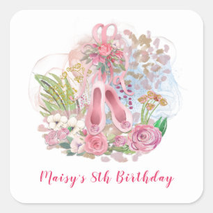 Ballet Shoes Florals Pink Girl 8. Geburtstagsparty Quadratischer Aufkleber