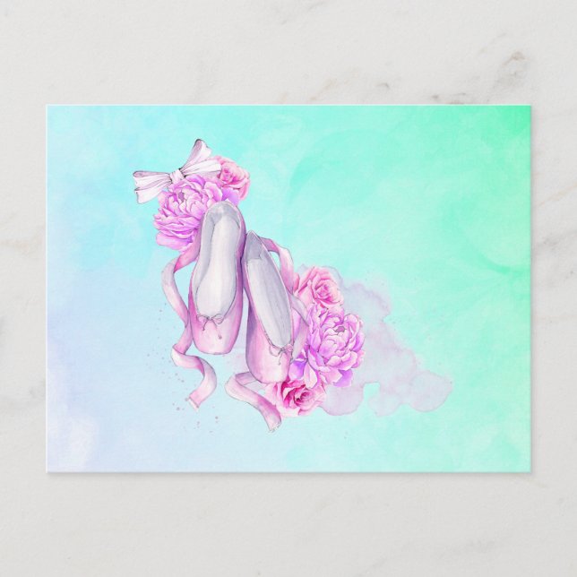 Ballet Shows Bows and Peonies in Pink Wasserfarben Postkarte (Vorderseite)