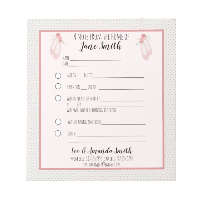 Ballet Slipper School Note 1 Kind Notizblock (Vorderseite)
