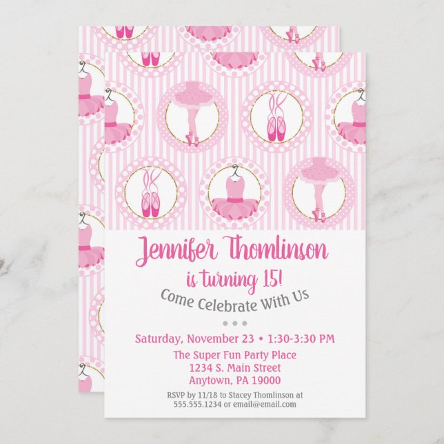 Ballett Geburtstag Einladung Pink Ballerina Tänzer (Vorne/Hinten)