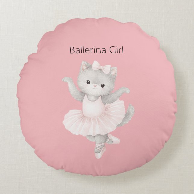 Ballettmädchen Graues Kätzchen Rundes Kissen (Vorderseite)