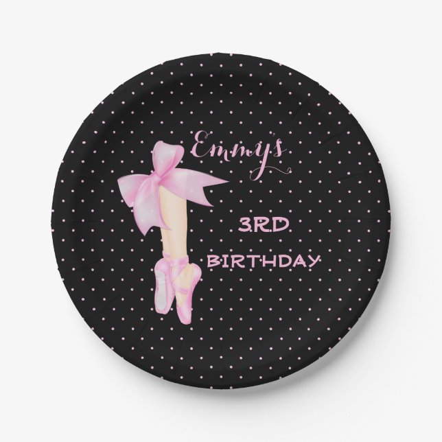 Ballettschuhe Ballerina Pink & Black Polka Dot Pappteller (Vorderseite)