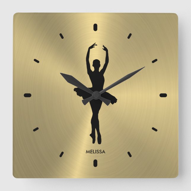 Balletttänzerin Silhouette auf Metallic Gold Quadratische Wanduhr (Vorderseite)