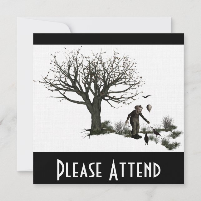 Ballon-Clown-alter Baum u. schwarze Vögel Einladung (Vorderseite)