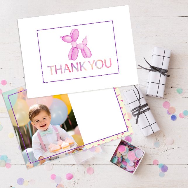 Ballon Dog Kinder Danke Karte (purple glitter watercolor balloon animal thank you card)