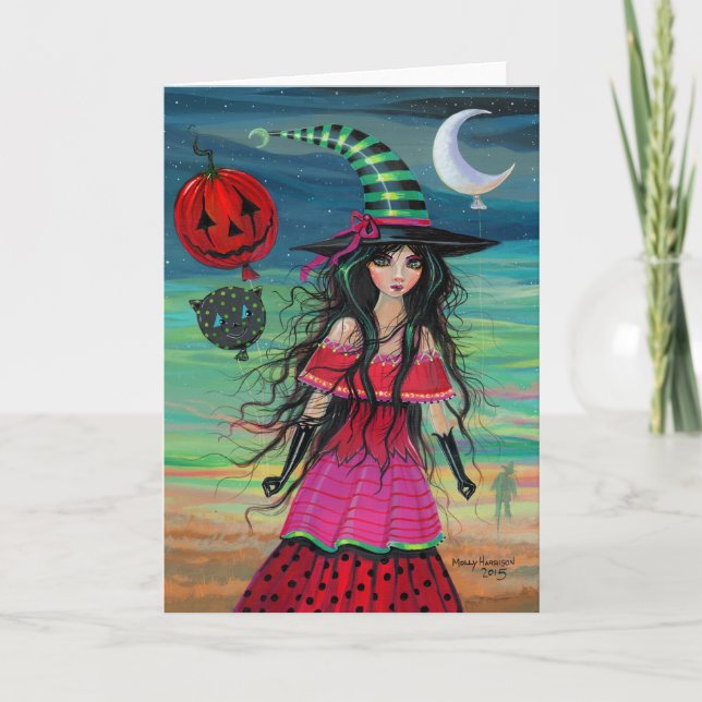 Ballon-Hexe-Halloween-Fantasie-Kunst Karte (Vorderseite)