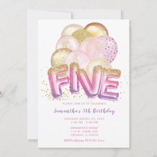 Ballon Pink Lila Gold 5. Geburtstag Einladung