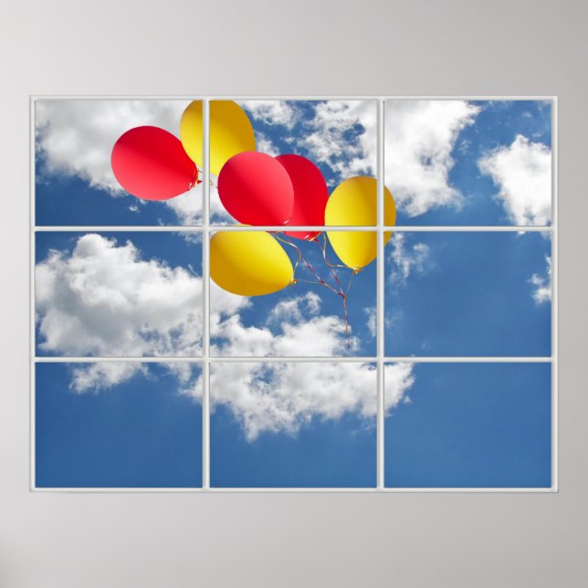Ballonbukett im Himmel durch Fenster Poster (Vorne)
