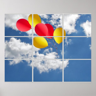 Ballonbukett im Himmel durch Fenster Poster