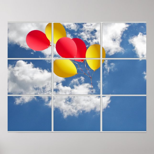 Ballonbukett im Himmel durch Fenster Poster (Vorne)