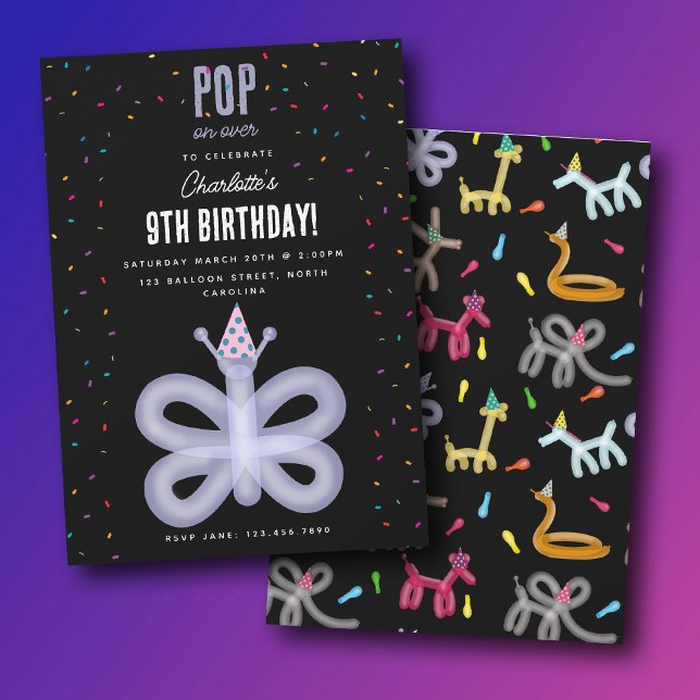 Balloon Animals Butterfly Kids Birthday Party Einladung (Balloon Animals Butterfly Kids Birthday Party Invitation)