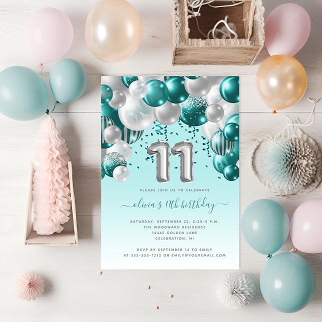 Balloon Arch Aquamarin Silver 11. Geburtstagsparty Postkarte (Von Creator hochgeladen)