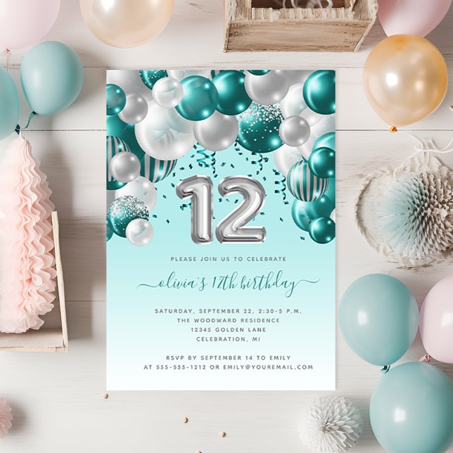 Balloon Arch Aquamarin Silver 12. Geburtstagsparty Postkarte (Von Creator hochgeladen)