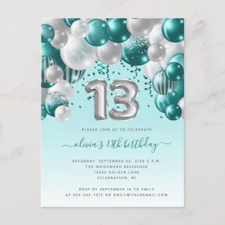 Balloon Arch Aquamarin Silver 13. Geburtstagsparty Postkarte