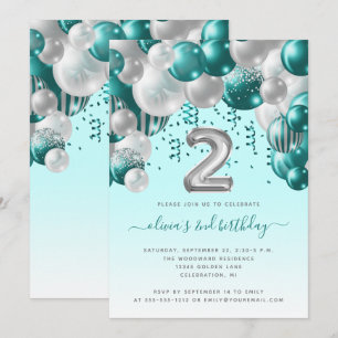 Balloon Arch Aquamarin Silver Girls 2. Geburtstag Einladung