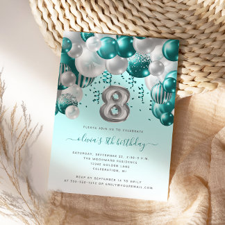 Balloon Arch Aquamarin Silver Girls 8. Geburtstags Einladung