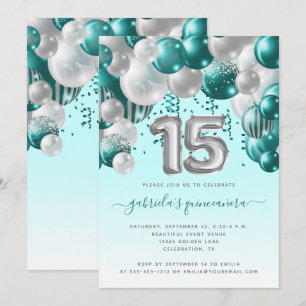 Balloon Arch Aquamarin Silver Quinceañera Einladung