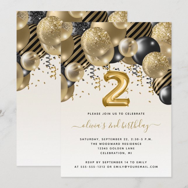 Balloon Arch Black Gold 2. Geburtstags-Party Einladung (Vorne/Hinten)