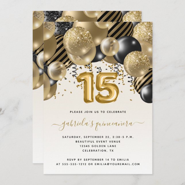 Balloon Arch Black Gold Quinceañera Einladung (Vorne/Hinten)