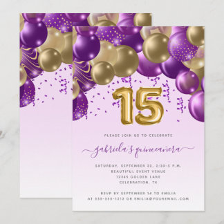 Balloon Arch Lila Gold Quinceañera Einladung