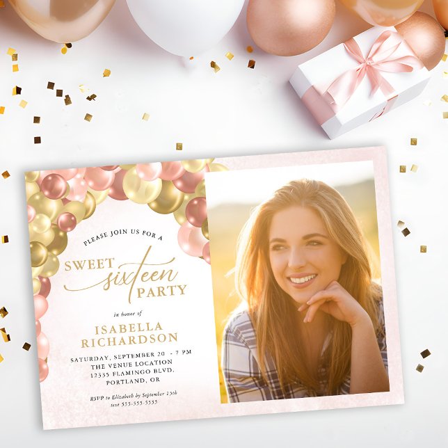 Balloon Arch Pink & Gold Foto Sweet 16 Party Einladung (Von Creator hochgeladen)