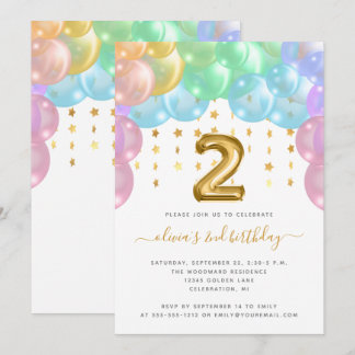 Balloon Arch Rainbow Gold Girls 2. Geburtstag Part Einladung