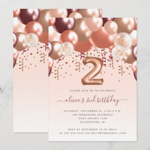 Balloon Arch Rose Gold Burgund 2. Geburtstag Party Einladung