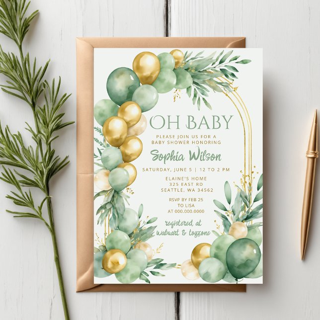 Balloon Arch Sage Gold Gender Neutral Baby Dusche Einladung (Balloon Arch Sage Gold Gender Neutral Baby Shower Invitation)