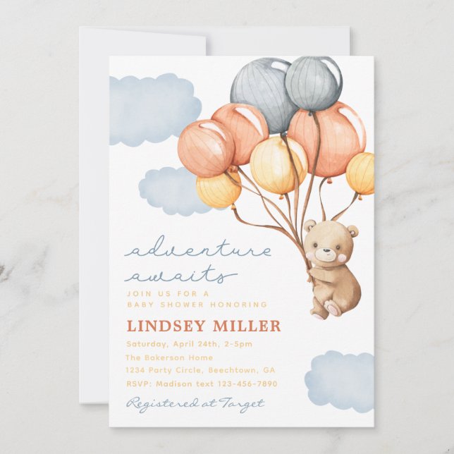 Balloon Bear Baby Shower Einladung | Abenteuer (Vorderseite)