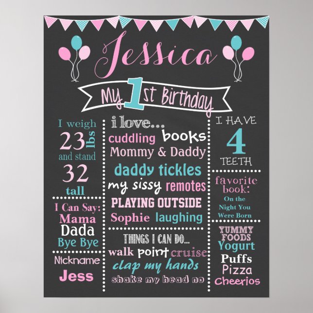 Balloon Birthday Chalkboard - Girl Poster (Vorne)