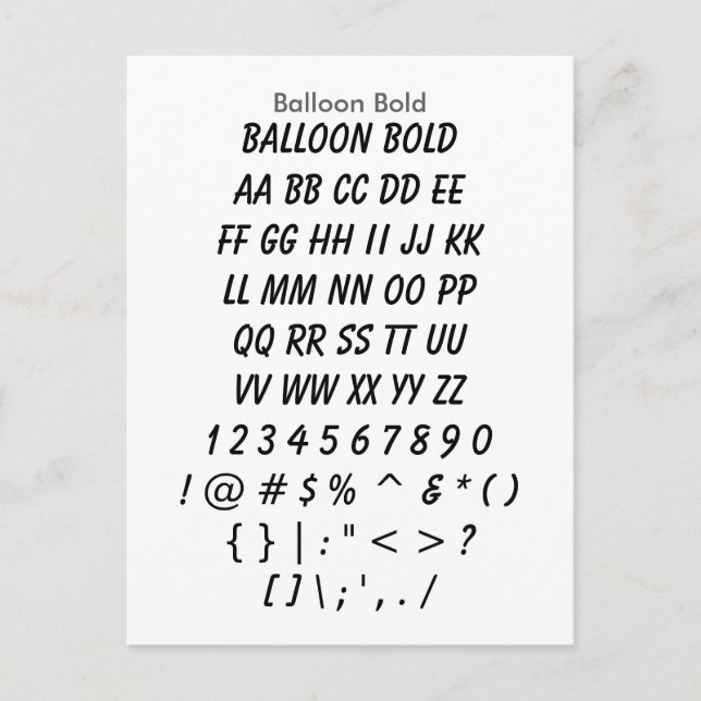 Balloon Bold - Zazzle Schriftart Sampler Sheet Postkarte (Vorderseite)