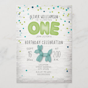 Balloon Brick Confetti Blue Green 1. Geburtstag Einladung