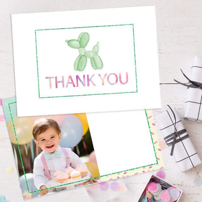 Balloon Dog Green Danke-Card Einladung (gender neutral photo birthday party thank you card )
