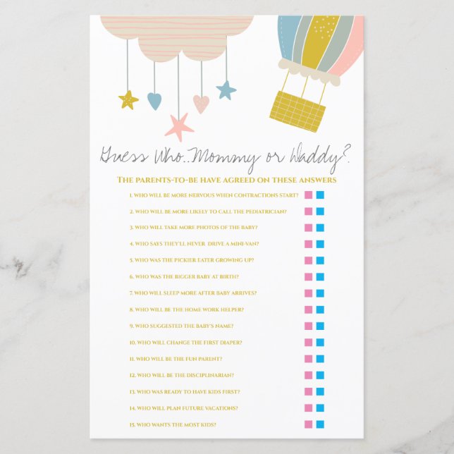 Balloon Guess Who, Mommy oder Daddy Baby Showspiel (Vorderseite)