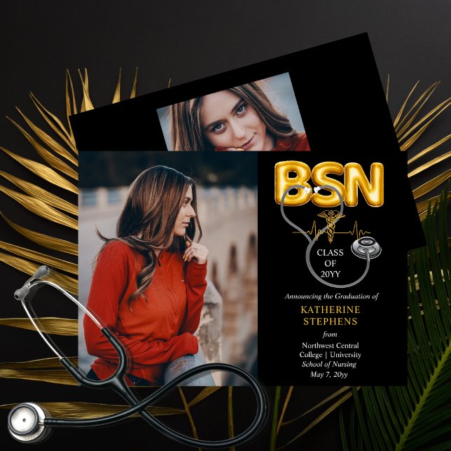 Balloon Letters BSN Caduceus Stethoscope Grad Ankündigung (Balloon Letters "BSN" Caduceus Nurse Photo and Stethoscope Graduation Announcement -Print | Download)
