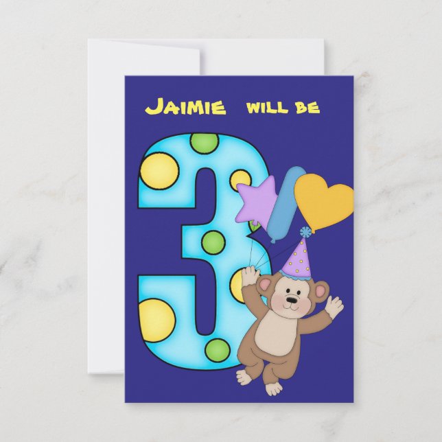 Balloon Monkey 3. Geburtstagsfeier Party Einladung (Vorderseite)