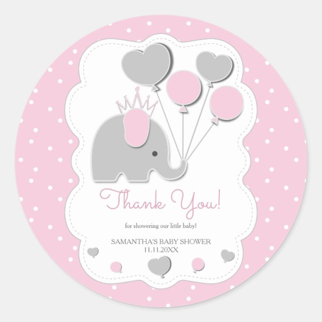 Balloon Pink Elephant Baby Shower Girl Runder Aufkleber (Vorderseite)