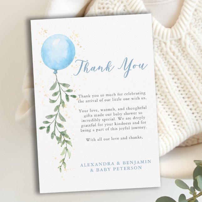 Balloon Soft Greenery Dusty Blue Boy Baby Shower Dankeskarte (baby shower thank you card blue balloon watercolor boy greenery soft botanical calligraphy)
