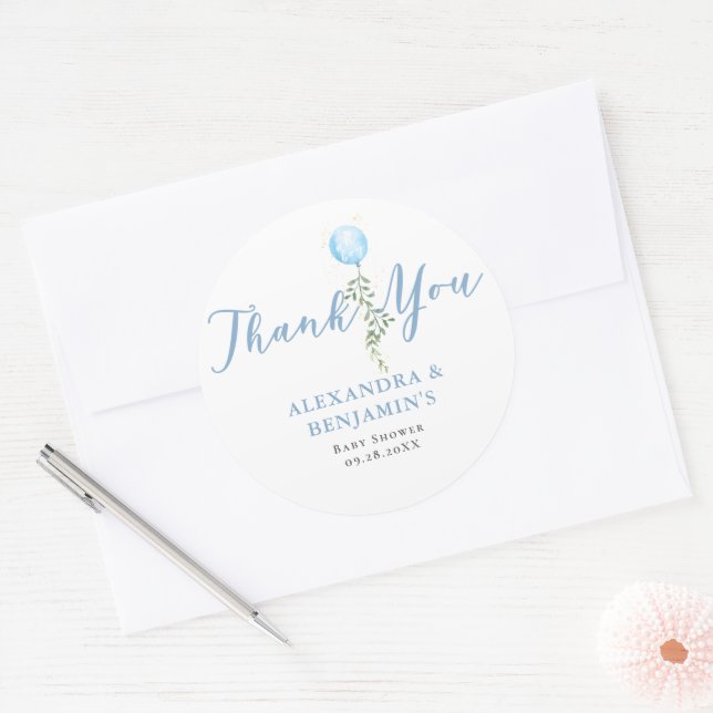 Balloon Soft Greenery Dusty Blue Boy Baby Shower Runder Aufkleber (Umschlag)
