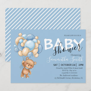Balloon Teddy Bear Blue Baby Shower Einladungen