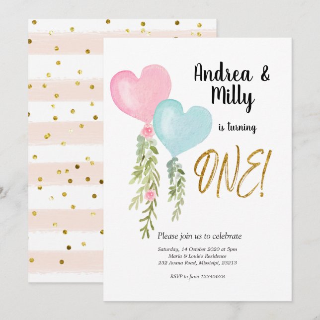 Balloon Twin Boy and Girl Birthday Einladung (Vorne/Hinten)