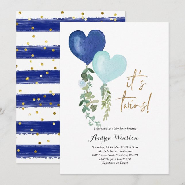 Balloon Twin Boy Baby Shower Einladung (Vorne/Hinten)