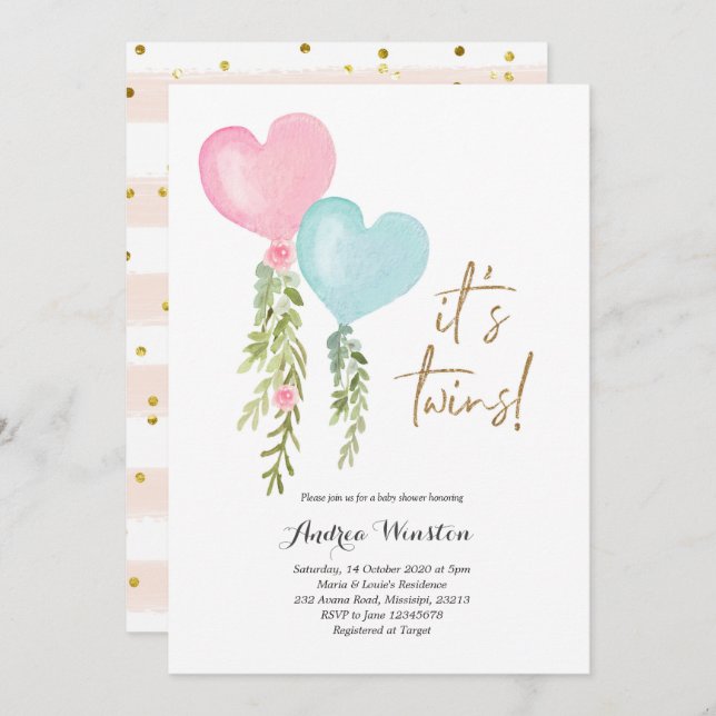 Balloon Twin Boy Girl Babydusche Einladung (Vorne/Hinten)