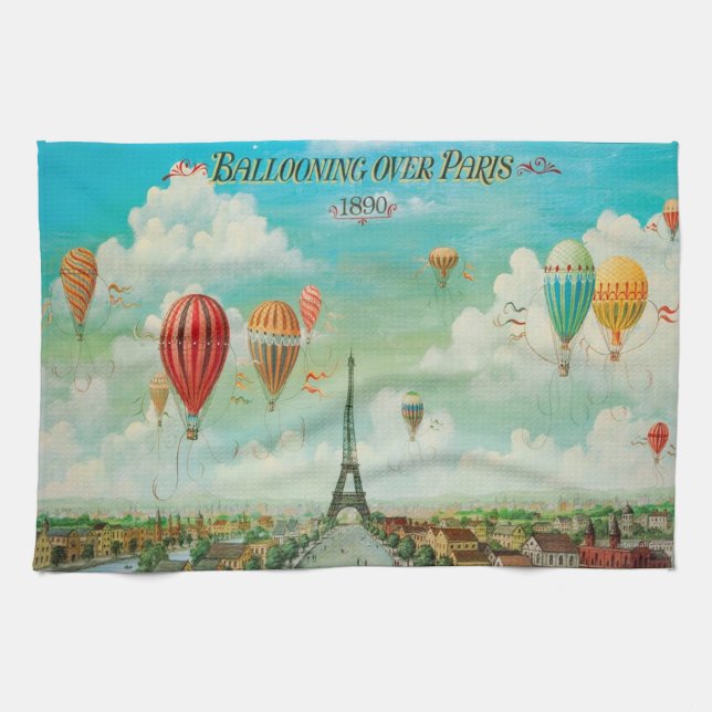Balloon Über Paris Vintage Reisen Kunst Geschirrtuch (Horizontal)