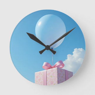 balloon with present in blue sky runde wanduhr