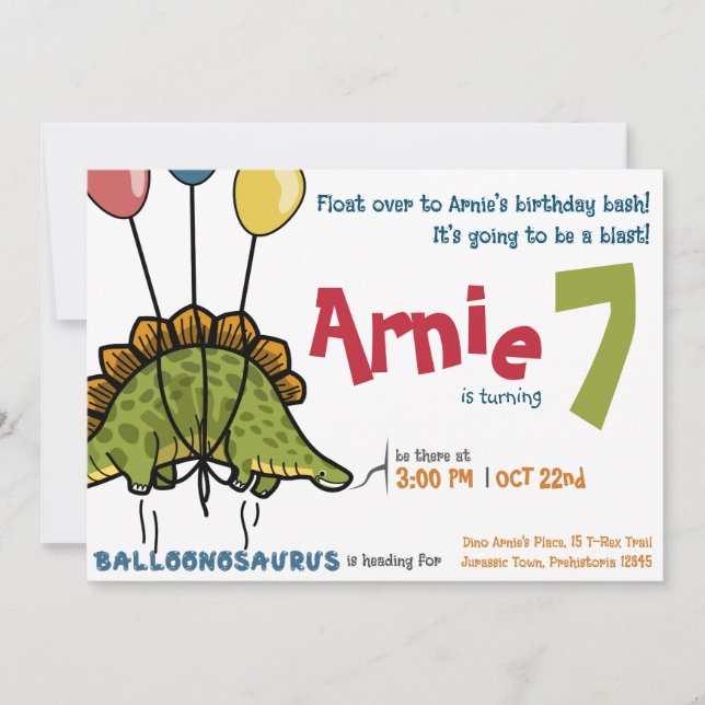 Balloonosaurus Birthday Bash! Stegosaurus Einladung (Vorderseite)