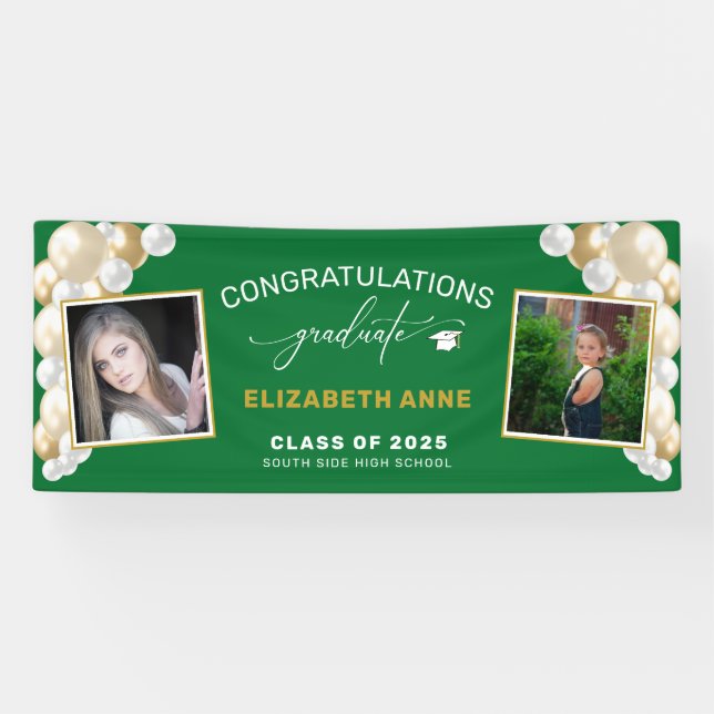 Balloons 2 Fotos Grüne Glückwünsche Graduierung Banner (Horizontal)