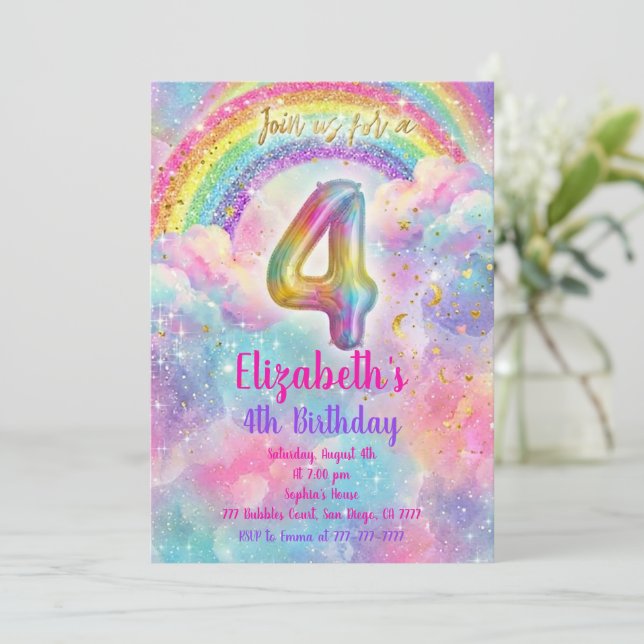 Balloons Birthday 4th Birthday  Einladung (Stehend Vorderseite)