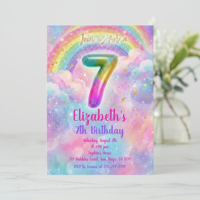 Balloons Birthday 7th Birthday  Einladung (Stehend Vorderseite)