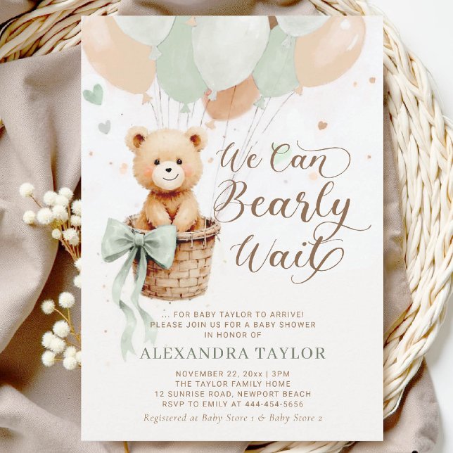Balloons Bow Sage Tan Chic Baby Dusche Einladung (bearly wait baby shower invitation sage green hot air balloons bow calligraphy watercolor)